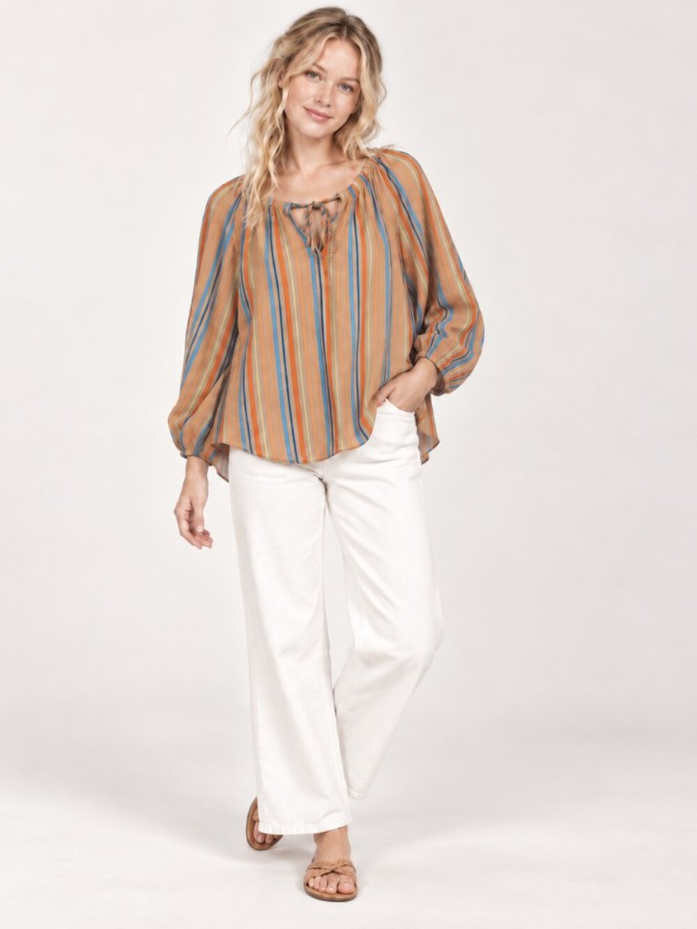 NWT Current Air Multicolor Striped Tencel Linen Hi-Low Peasant Blouse Small